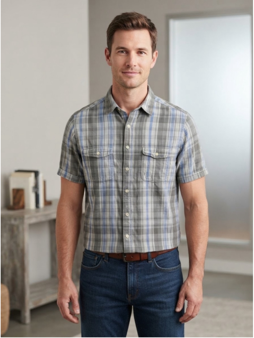 Merona short sleeve grey blue plaid linen cotton button down mens size M Medium
